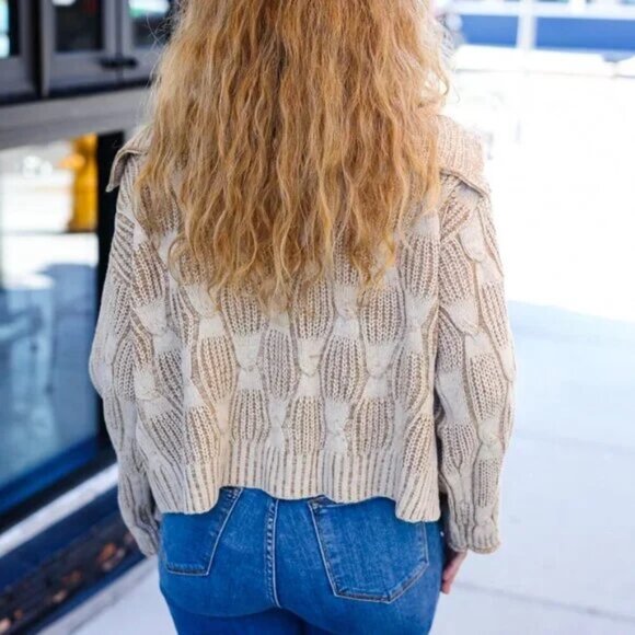 New Autumn Vibes Taupe Textured Cable Knit Collared Cardigan Sizes 1x, 2x, & 3X - Picture 8 of 9